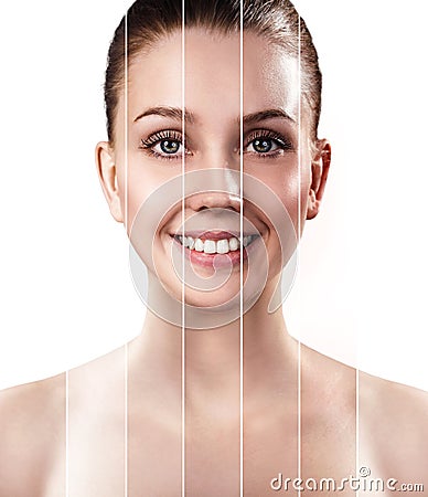 Portrait of young woman with different level of suntan. Stock Photo