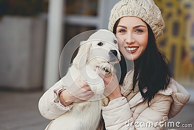 Portrait of the young woman with favourite dogs Stock Photo