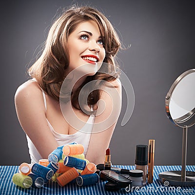 Woman with curler hair Stock Photo