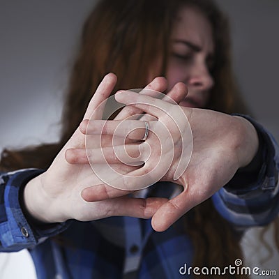 Sad woman scared putting hand in front of face Gestures, body l Stock Photo