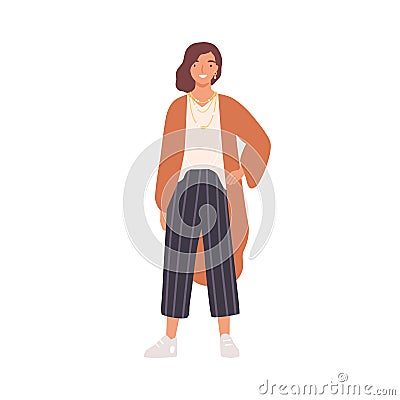 Portrait of young woman in modern oversize outfit. Happy female character in trendy office clothing isolated on white Vector Illustration