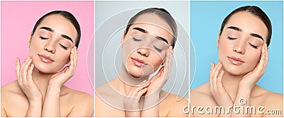 Portrait of young woman with perfect skin on different color backgrounds, collage. Banner design Stock Photo
