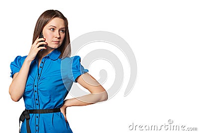 Portrait of young woman phone call. Isolated beautiful girl. Talking mobile phone woman. Stock Photo