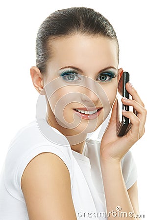 Portrait of young woman talking on telephone Stock Photo