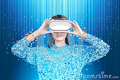 Smiling woman in vr glasses pixelated, blue Stock Photo