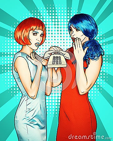 Portrait of young women in comic pop art make-up style. Females in red and blue wigs call on the phone Stock Photo