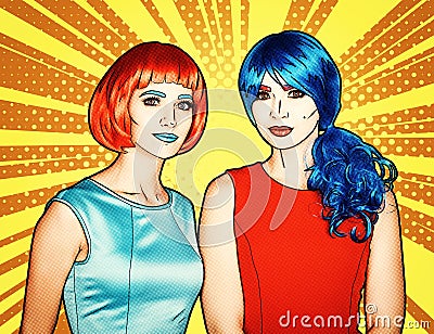 Portrait of young women in comic pop art make-up style. Females in red and blue wigs Stock Photo