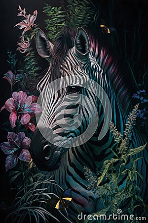 Portrait of a zebra among roses, palm leaves and plants tropical Stock Photo