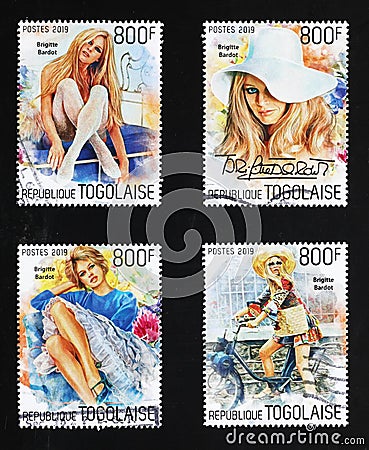 Portraits of Brigitte Bardot on a series of stamps Editorial Stock Photo