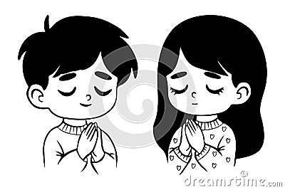 Portraits cute praying children girl and boy. Vector illustration. Isolated hand drawings. Religious believer child Vector Illustration