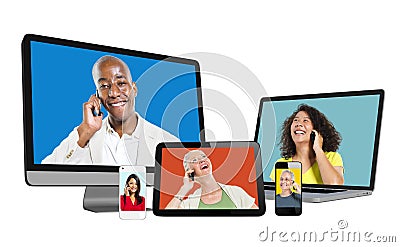 Portraits of Diverse People on Digital Devices Screen Stock Photo