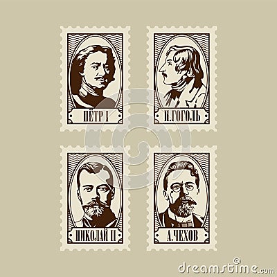 Portraits of famous Russian historical figure Stamps Vector Illustration
