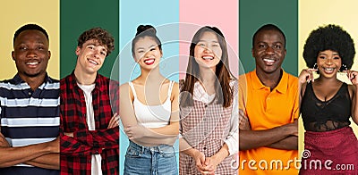 Portraits of group of people on multicolored background, collage. Charming, happy smiles. Stock Photo