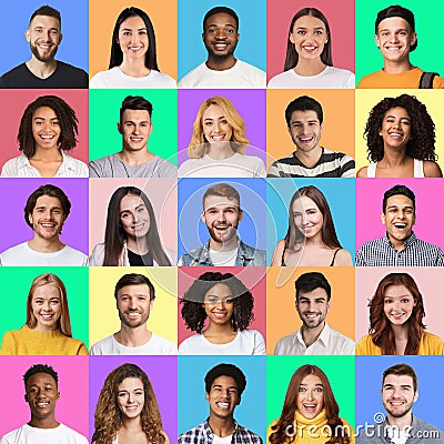 Portraits of happy multiracial millennial people posing on colorful backgrounds Stock Photo