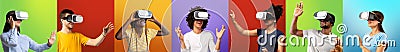 Portraits happy surprised millennial caucasian, black people in casual and virtual reality glasses controls game Stock Photo