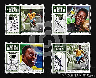 Portraits of PelÃ© on a series of stamps Editorial Stock Photo