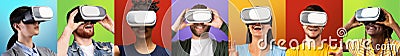 Portraits of shocked smiling young international men and women in casual clothes and virtual reality glasses Stock Photo