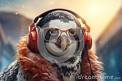 Portraits side view Fashionable penguin Humanized, Sunglasses ,Ear Headphones. Generative AI Stock Photo