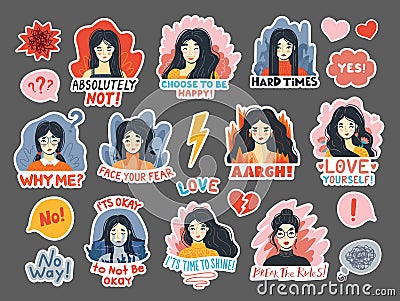 Portraits of young women expressing various emotions. Joy, delight, laughter, happiness, love, sadness, fear and anger Vector Illustration