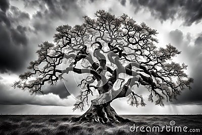 The fragility of resilience through an image of a lone oak tree standing resilient in the face of a storm, its weathered Stock Photo