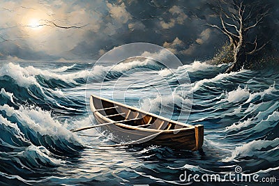 The internal struggle between doubt and determination using a visual metaphor of a lone rowboat navigating turbulent Stock Photo