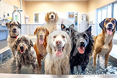 Portraying dogs of different breeds being playfully washed and dried in a daycare spa setting, emphasizing cleanliness and Stock Photo