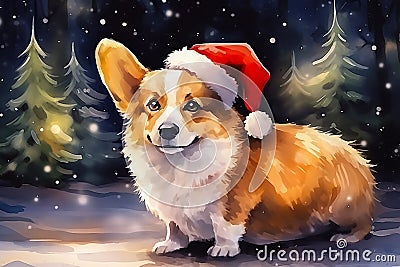 Portret of cute Corgi dog in a New Year's red hat in the forest on Christmas night. Stock Photo