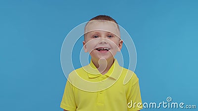 Portret szczęśliwego uśmiechniętego chłopca w koszulce. atrakcyjny i wyrazisty dzieciak w studio. zdjęcie wideo Portret szczęśliwego uśmiechniętego chłopca w koszulce. atrakcyjny i wyrazisty dzieciak w studio. zdjęcie wideo