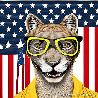 Portret of wild styled puma in yellow glasses on USA flag Stock Photo