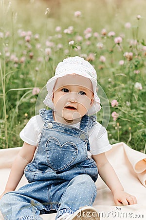 Portriat of adorable, charming toddler girl in flowers meadow. Smiling happy baby child on summer day with colorful flowers, Stock Photo