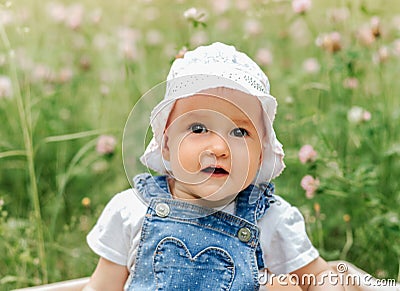 Portriat of adorable, charming toddler girl in flowers meadow. Smiling happy baby child on summer day with colorful flowers, Stock Photo