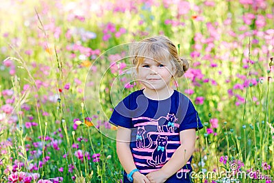 Portriat of adorable, charming toddler girl in flowers meadow. Smiling happy baby child on summer day with colorful Stock Photo
