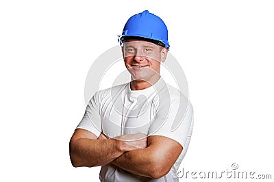Portriat of man with helmet, worker white shirt. Stock Photo