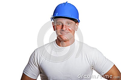 Portriat of man with helmet, worker white shirt. Stock Photo