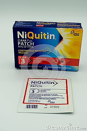 04/23/2020 Portsmouth, Hampshire, UK A box of Niquitin Nicotine patches isolated on a white background, Used as an aid to stopping Editorial Stock Photo