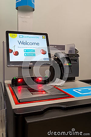 12-27-2020 Portsmouth, Hampshire, UK A close up of a self service checkout inside a Lidl supermarket Editorial Stock Photo
