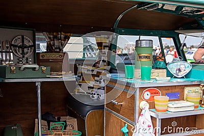 06/18/2019 Portsmouth, Hampshire, UK The inside of a vintage camper van with retro decoration and goods inside Editorial Stock Photo