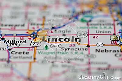 05-19-2021 Portsmouth, Hampshire, UK, Lincoln Nebraska USA Shown on a Geography map or Road map Editorial Stock Photo