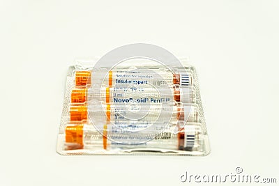 02/15/2020 Portsmouth, Hampshire, UK Novorapid insulin vials in packaging, insulin used by diabetics Editorial Stock Photo