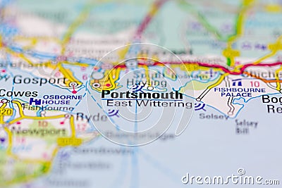 03-16-2021 Portsmouth, Hampshire, UK Portsmouth Shown on a geography map or road map Stock Photo