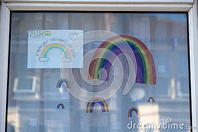 08/02/2020 Portsmouth, Hampshire, UK Rainbows drawn by children in the windows of their home during the Coronavirus pandemic or Editorial Stock Photo