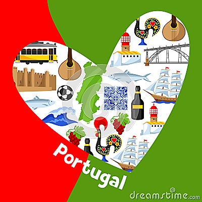 Portugal background design in shape of heart. Portuguese national traditional symbols and objects Vector Illustration