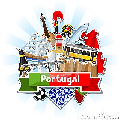 Portugal background with stickers. Portuguese national traditional symbols and objects Vector Illustration