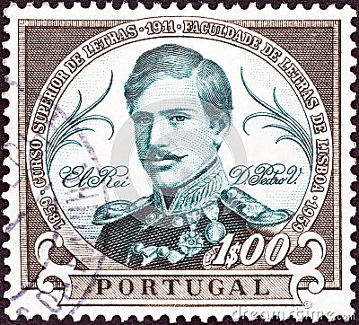 PORTUGAL - CIRCA 1961: A stamp printed in Portugal shows King Pedro V, circa 1961. Editorial Stock Photo