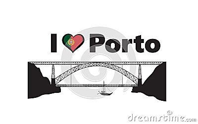 Portugal city Porto horizontal banner. Lettering I love Porto with nacional portuguese flag, love heart and famous Eiffel bridge Stock Photo