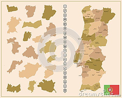 Portugal - detailed map of the country in brown colors, divided into regions Cartoon Illustration