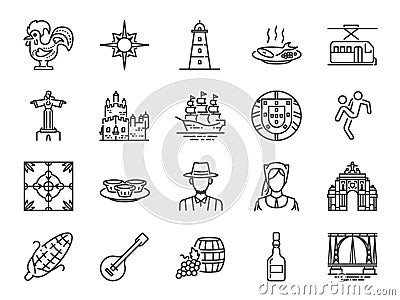 Portugal icon set. Included icons as Portuguese, Lisbon, Cristo rei, Belem, Barcelos Rooster, travel and more. Vector Illustration