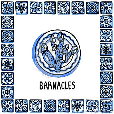 Portugal landmarks set. Goose Barnacles, Percebes traditional delicacy seafood. Plate with barnacles in frame of Vector Illustration