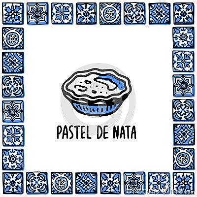 Portugal landmarks set. Pastel de nata, traditional portuguese dessert Egg Tart. Pastry in frame of Portuguese tiles Vector Illustration