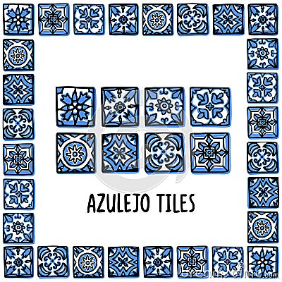 Portugal landmarks set. Portuguese tiles, azulejo. Lisbon mosaic in frame of Portuguese tiles, azulejo. Handdrawn sketch Vector Illustration